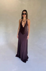 Jaz V Neck Maxi Dress in chocolate brown with a flowing silhouette and short sleeves.
