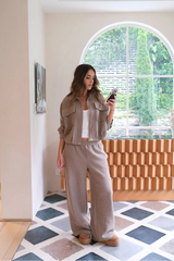 Jaz wide leg lounge pants in oat marle fabric, featuring a relaxed fit and soft texture.