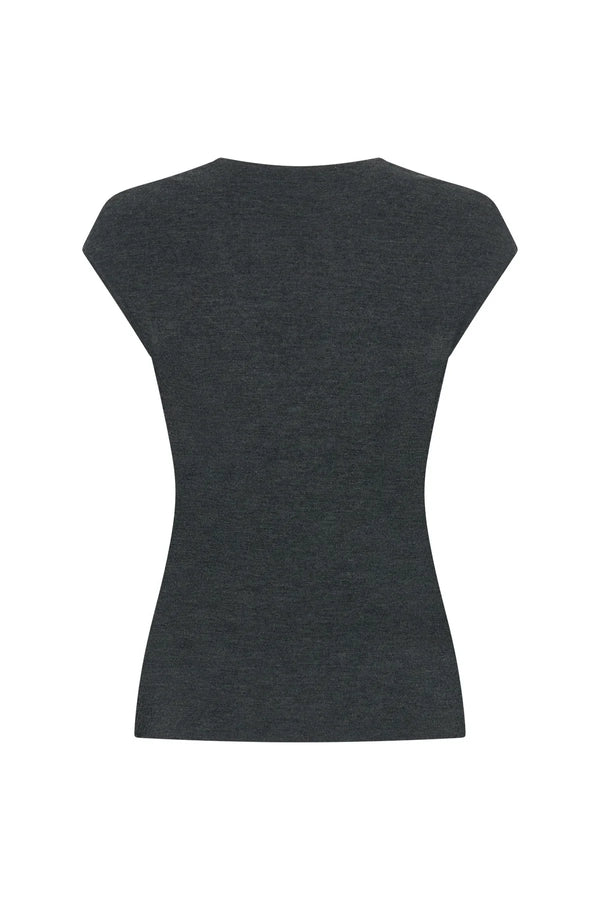 Grey Jen V Neck Knit Top with short cap sleeves and a fitted silhouette.