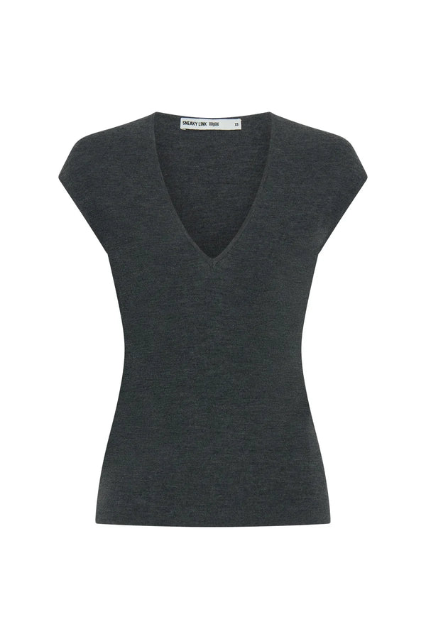 Grey Jen V Neck knit top with cap sleeves, featuring a soft, lightweight fabric and a relaxed fit.