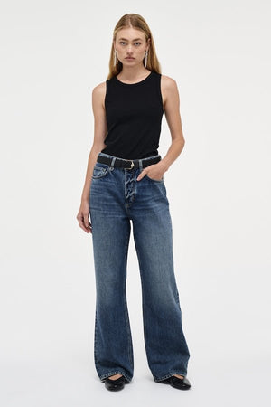 Coco Relaxed Psychocandy by Neuw Denim, trendy high-waisted jeans with a relaxed straight-leg fit and elongating silhouette. Perfect for a laid-back or tailored look in a mid-vintage indigo wash with signature Neuw Denim details.