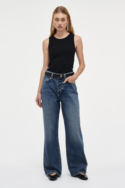 Coco Relaxed Psychocandy by Neuw Denim, trendy high-waisted jeans with a relaxed straight-leg fit and elongating silhouette. Perfect for a laid-back or tailored look in a mid-vintage indigo wash with signature Neuw Denim details.