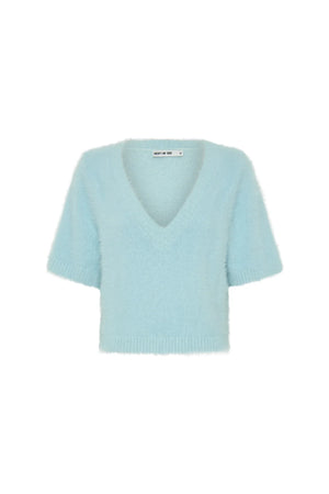 Blue Kaia V Neck Knit Top with short sleeves and a relaxed fit on a plain white background.