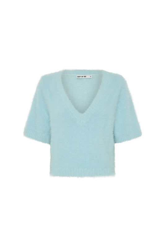Blue Kaia V Neck Knit Top with short sleeves and a relaxed fit on a plain white background.