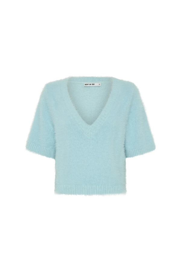 Blue Kaia V Neck Knit Top with short sleeves and a relaxed fit on a plain white background.