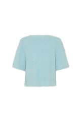Blue Kaia V Neck Knit Top with short sleeves and a relaxed fit displayed on a plain background.