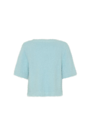 Blue Kaia V Neck Knit Top with short sleeves and a relaxed fit displayed on a plain background.