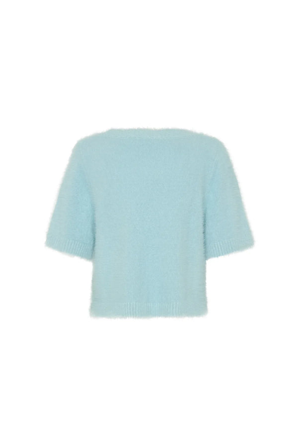 Blue Kaia V Neck Knit Top with short sleeves and a relaxed fit displayed on a plain background.