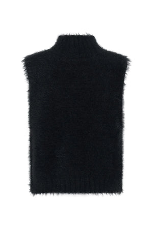 Black knitted sleeveless turtleneck vest with a ribbed texture and fitted silhouette.