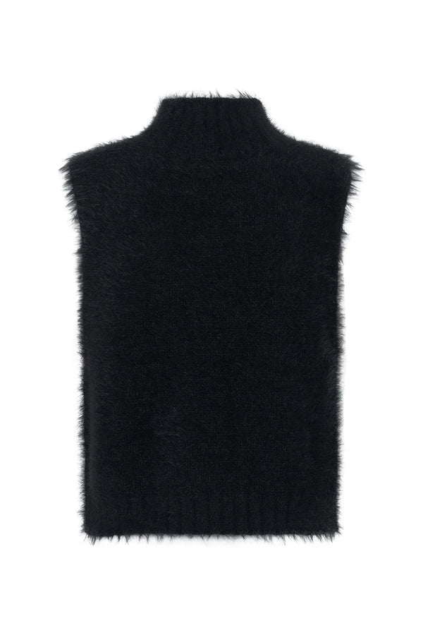 Black knitted sleeveless turtleneck vest with a ribbed texture and fitted silhouette.