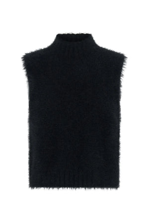Black sleeveless turtleneck knit vest with a ribbed texture and fitted silhouette.
