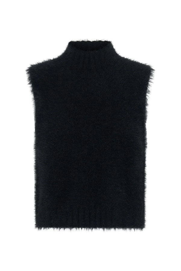 Black sleeveless turtleneck knit vest with a ribbed texture and fitted silhouette.