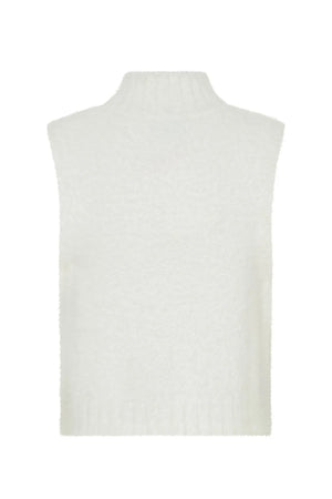 White Kiki turtleneck knit vest with a ribbed texture and sleeveless design.