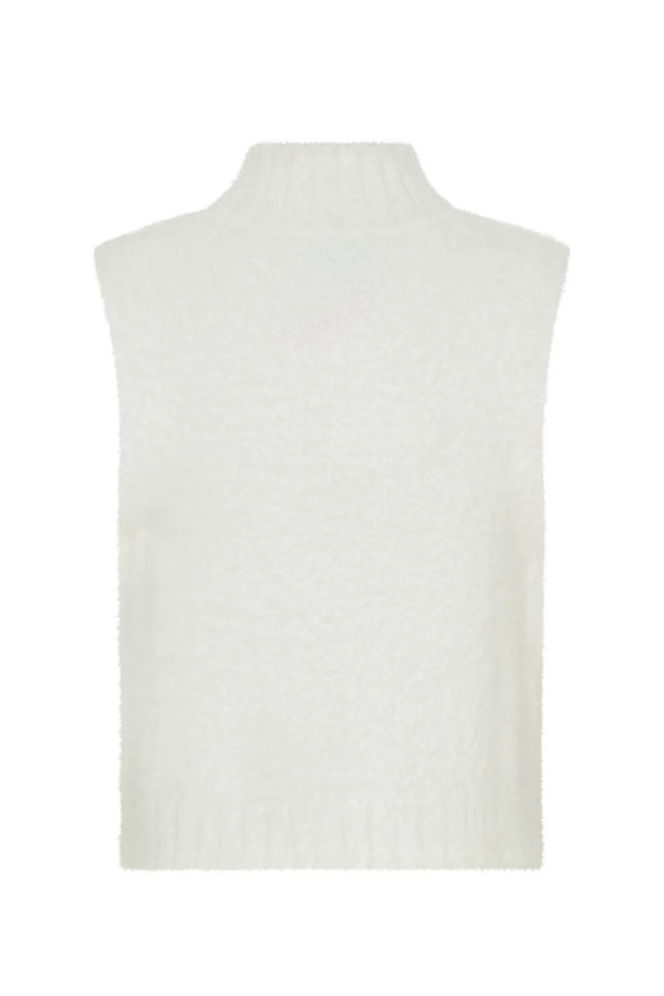 White Kiki turtleneck knit vest with a ribbed texture and sleeveless design.