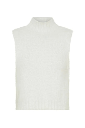 White Kiki turtleneck knit vest with a ribbed texture and sleeveless design.