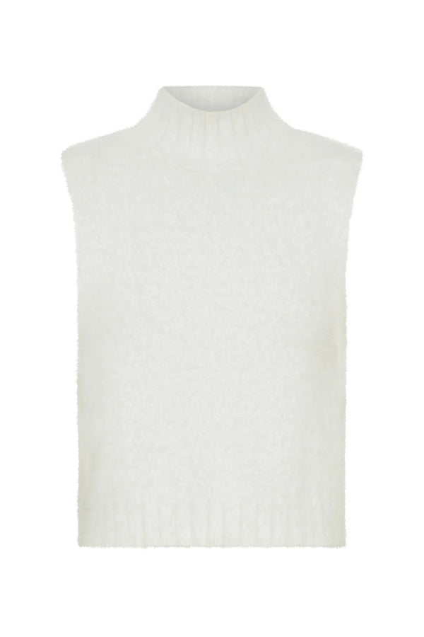 White Kiki turtleneck knit vest with a ribbed texture and sleeveless design.