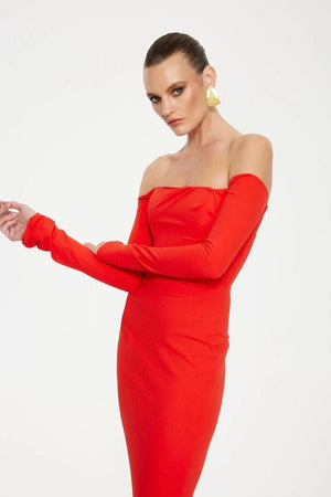 Kristie Midi Dress Cherry Red by Effie Kats – A bold off-shoulder midi with long sleeves, waist boning, and stretch crepe finish, perfect for romantic dinners, cocktail events, or statement soirées.