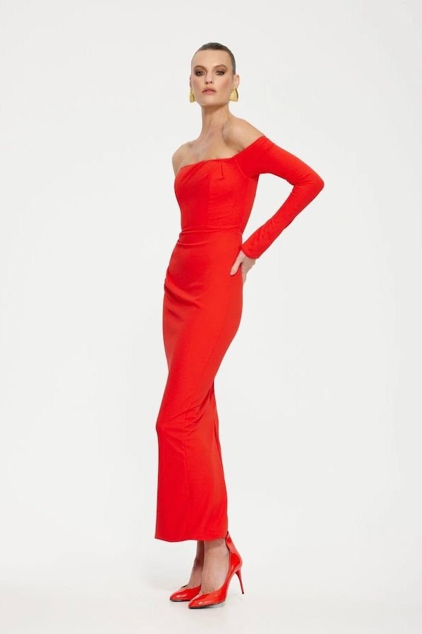 Kristie Midi Dress Cherry Red by Effie Kats – A bold off-shoulder midi with long sleeves, waist boning, and stretch crepe finish, perfect for romantic dinners, cocktail events, or statement soirées.