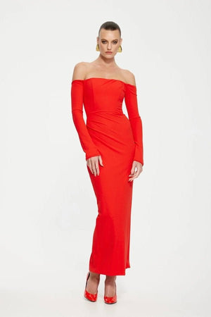 Kristie Midi Dress Cherry Red by Effie Kats – A bold off-shoulder midi with long sleeves, waist boning, and stretch crepe finish, perfect for romantic dinners, cocktail events, or statement soirées.