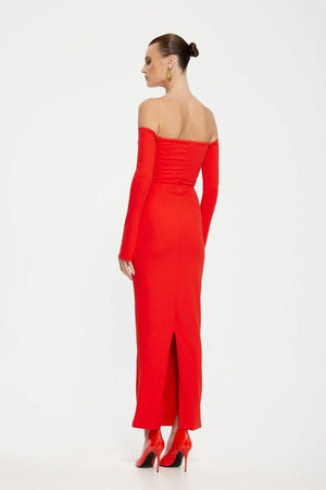 Kristie Midi Dress Cherry Red by Effie Kats – A bold off-shoulder midi with long sleeves, waist boning, and stretch crepe finish, perfect for romantic dinners, cocktail events, or statement soirées.