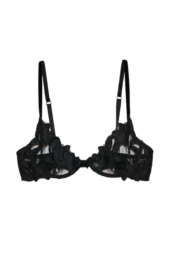 Fleur Du Mal | Lily Embroidery Plunge Demi Bra Black | Girls With Gems