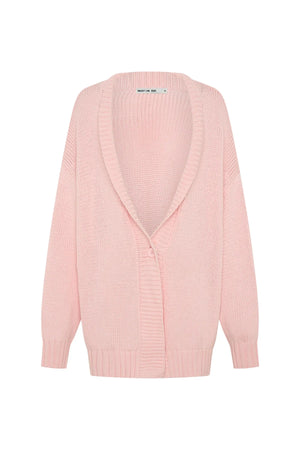 Soft pink oversized knit cardigan with long sleeves and a relaxed fit, perfect for layering.