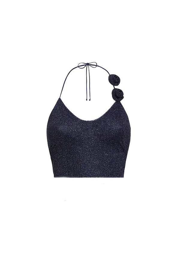 Lumiere Rose Top Night Blue by Oséree, delicate lumiere fabric with elegant rose lace neck, perfect for trendy viral sophistication and refined statement looks.