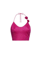 Lumiere Rose Top Fuxia by Oséree, luxurious lumiere rose fabric with red rose lace neck, perfect for trendy viral elegance and sophisticated statement looks.
