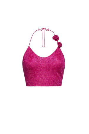 Lumiere Rose Top Fuxia by Oséree, luxurious lumiere rose fabric with red rose lace neck, perfect for trendy viral elegance and sophisticated statement looks.