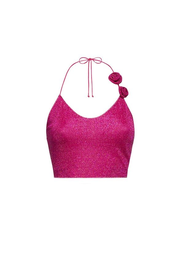 Lumiere Rose Top Fuxia by Oséree, luxurious lumiere rose fabric with red rose lace neck, perfect for trendy viral elegance and sophisticated statement looks.