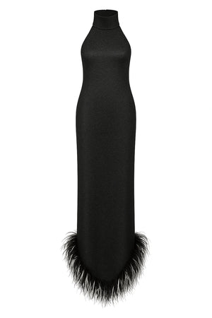 Lumiere Bicolor Plumage Turtleneck Long Dress Black