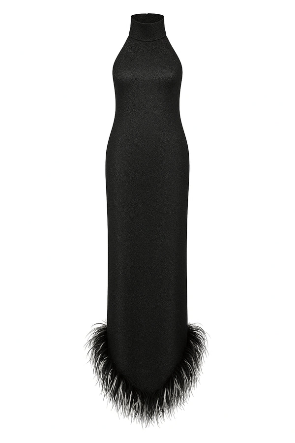 Lumiere Bicolor Plumage Turtleneck Long Dress Black