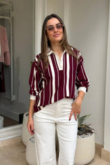 Close-up of the Mian Knit Vino sweater showing its rich burgundy knit texture and crew neckline.