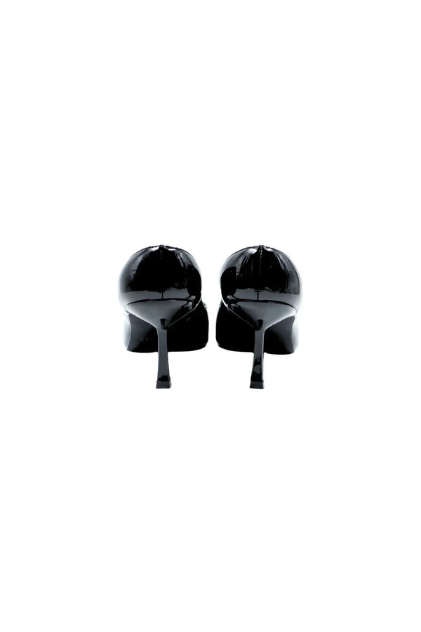 Monty Black Patent Mule with a sleek black patent leather upper and a low block heel.
