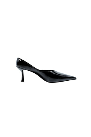 Monty Black Patent Mule with a sleek black patent leather upper and a low block heel.