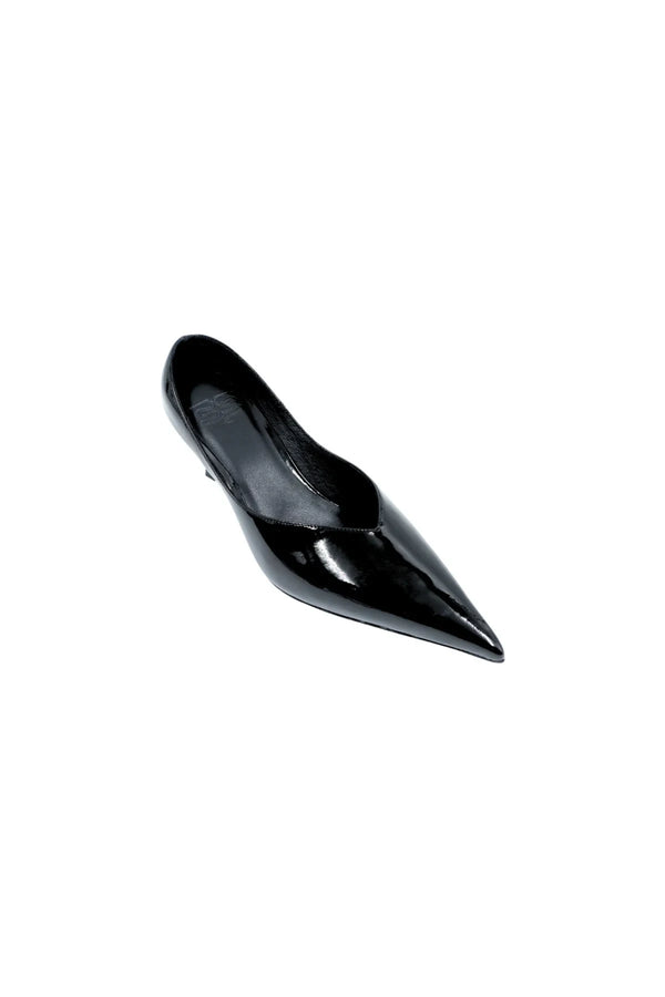 Monty Black Patent Mule with a sleek black patent leather upper and a low block heel.