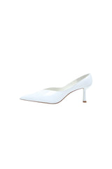 Monty White Patent Mule featuring a sleek white patent leather upper and a low block heel.