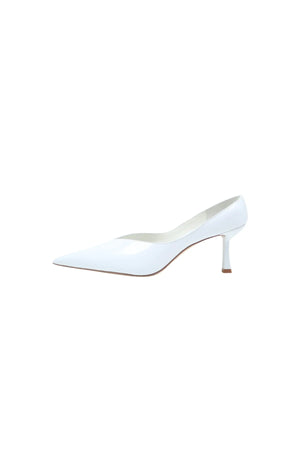 Monty White Patent Mule featuring a sleek white patent leather upper and a low block heel.