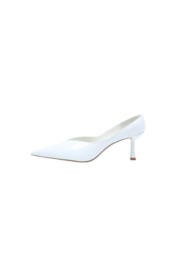 Monty White Patent Mule featuring a sleek white patent leather upper and a low block heel.