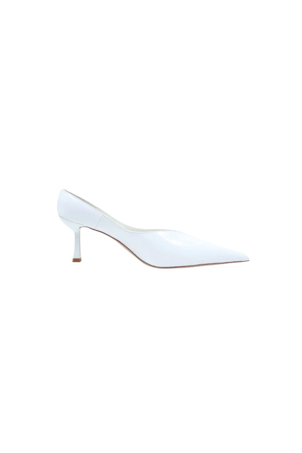 Monty White Patent Mule with a sleek white patent leather upper and a low block heel.