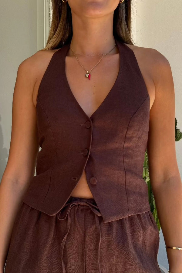Luna Linen Vest Chocolate by Sneaky Link – Chic and breathable 100% linen halterneck vest with adjustable tie back, perfect for trendy summer sets or casual denim.