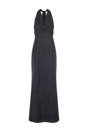 The Ultimate Muse Tie Neck Maxi Dress Black by Odd Muse – A trendy maxi with a romantic V-neckline, draped shoulders, and low back, perfect for bridal parties and elegant celebrations.