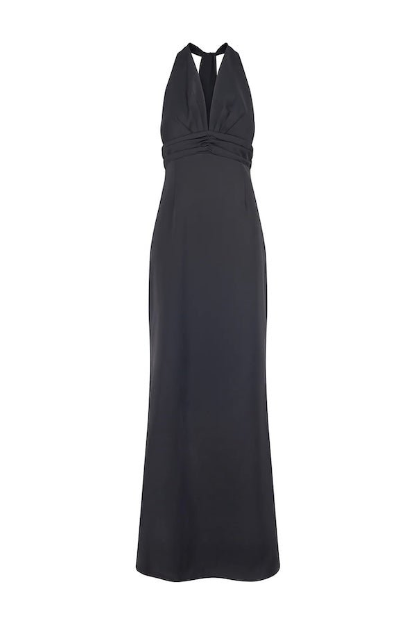 The Ultimate Muse Tie Neck Maxi Dress Black by Odd Muse – A trendy maxi with a romantic V-neckline, draped shoulders, and low back, perfect for bridal parties and elegant celebrations.