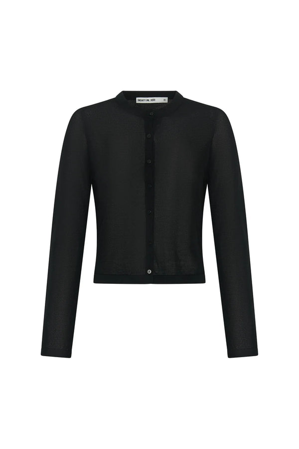 Black Rita knit cardigan with long sleeves and a relaxed fit, displayed on a plain white background.