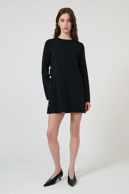 Naia Dress Black by Onte - mini dress with shift silhouette and gold button detail, designed for a sleek modern look.
