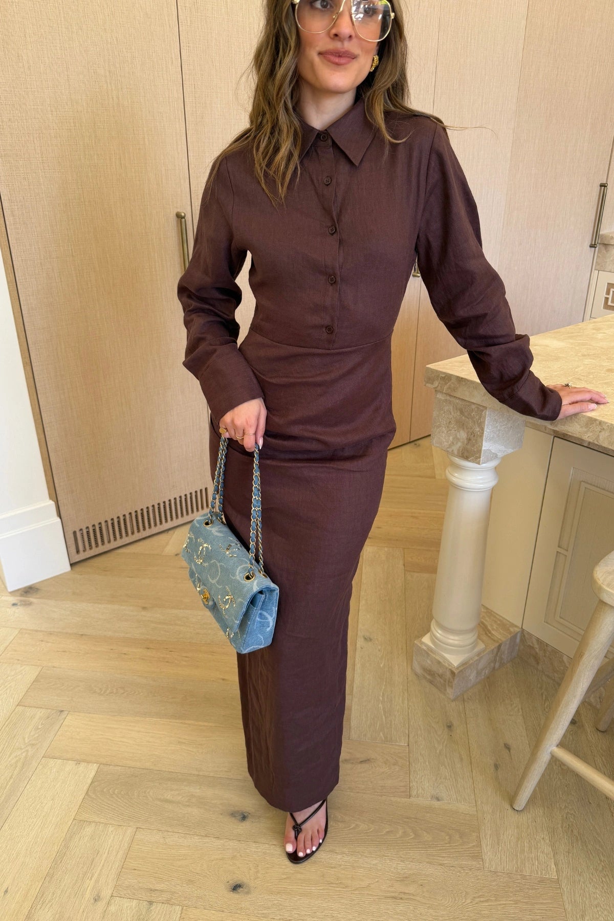 Lefka Long Sleeve Dress Chocolate by Sneaky Link, a breathable linen long sleeve dress with cotton lining for everyday elegance.
