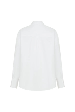 White oversized shirt with long sleeves and a relaxed fit, featuring a classic collar and button-down front.
