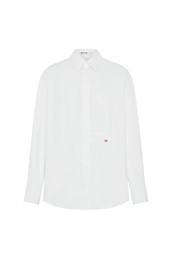 White oversized shirt with long sleeves and a relaxed fit, featuring a classic collar and button-down front.