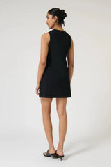 Elodia Dress – Black by Onte, a sleeveless crepe knit mini with a scarf belt. Perfect for day-to-night wear or elevated everyday style.