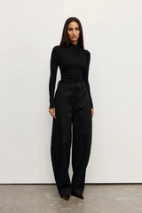 vaTonia Top Black by Bayse – long sleeve top with draped neckline, self-tie detail and waist gathering.